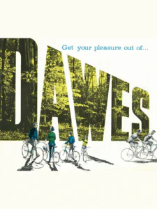 The front cover: the word DAWES in giant letters filled with a photograph of woodland, above a drawing of a family of four walking with their bicycles and two racing cyclists riding at the right.
