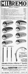 André Bertin advertisement from Le Cycle, October 1964: the Milremo page, a table of tubular tires, eight drawn tires, pumps and a mudguard.