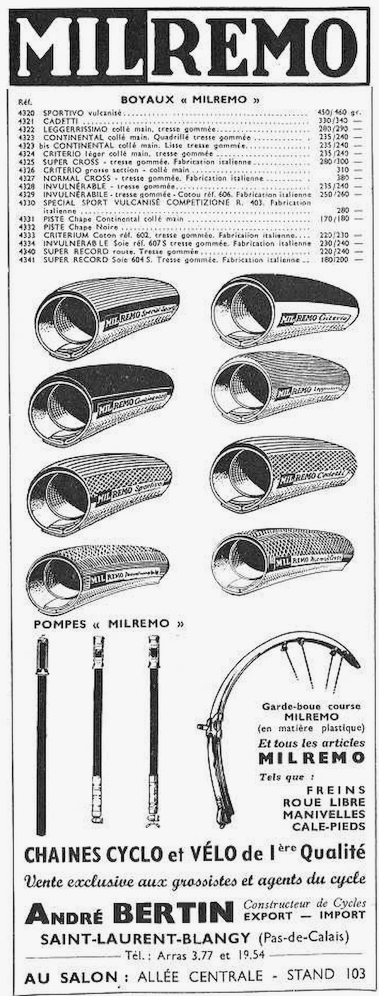 André Bertin 1964 Advertisement — Milremo Tubulars, Pumps and Mudguards — page 1 of 1