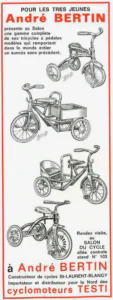 André Bertin advertisement from Le Cycle, October 1964: Rebour's drawings of four pedal tricycles for the very young, in a red frame.