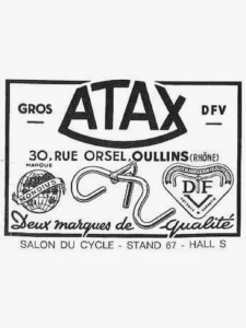 Atax advertisement from Le Cycle, October 1964: the Atax name over a drop handlebar between the Mondius globe and the DFV heart, Oullins.