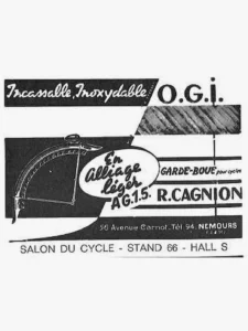 Cagnion advertisement from Le Cycle, October 1964: a light-alloy mudguard drawn in white on black under the band "Incassable, Inoxydable" and the initials O.G.I.
