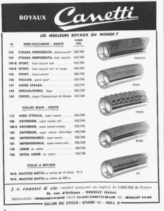 Canetti advertisement from Le Cycle, October 1964: a table of Canetti tubular tires with their weights beside five drawn tires showing their treads.