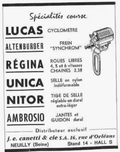 Canetti advertisement from Le Cycle, October 1964: a list of the racing brands Canetti distributes, from Lucas cyclometers to Ambrosio rims, with a drawn cyclometer.