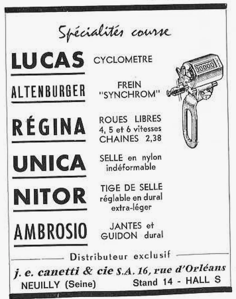 Canetti 1964 Advertisement — Racing Specialties from Lucas, Altenburger, Régina, Unica, Nitor and Ambrosio — page 1 of 1