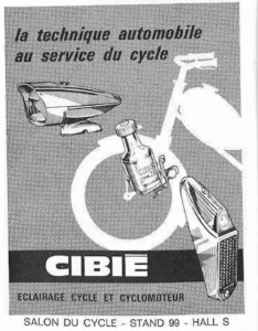 Cibié advertisement from Le Cycle, October 1964: a Cibié headlamp, dynamo and rear light photographed on a bicycle, lighting for cycles and mopeds.