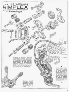Page 31 of Le Cycle, October 1964: Rebour's exploded drawing of the Simplex Prestige derailleur, the derailleur mounted and its lever.