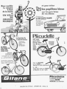 Gitane advertisement from Le Cycle, October 1964: a racing cyclist in a Gitane jersey, five Gitane bicycles and the Plicyclette folding bicycle beside a car.