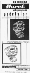 Huret advertisement from Le Cycle, October 1964: two Huret speedometers, a round one in a black panel and a shield-shaped one below, "un compteur Huret est synonyme de précision".