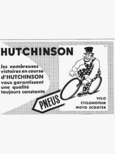 Hutchinson advertisement from Le Cycle, October 1964: a cartoon of a bearded man in a top hat and polka-dot overalls with a tire, "Pneus" on a band.