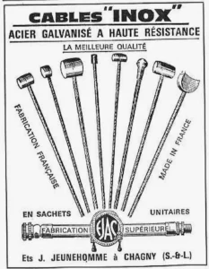 Jeunehomme advertisement from Le Cycle, October 1964: eight Inox inner cables fanned out with their nipples above a drawn cable housing.