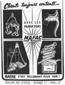 Mafac advertisement from Le Cycle, October 1964: four drawings of Mafac brakes, levers and tools in black panels around a starburst, "Clients toujours contents".
