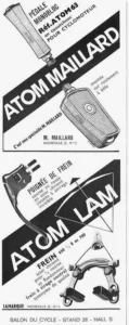 Maillard advertisement from Le Cycle, October 1964: the Atom 63 rubber pedal and the Atom Lam brake lever and brake on black diagonal bands.