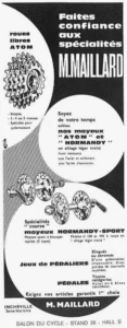Maillard advertisement from Le Cycle, October 1964: Atom freewheels and Normandy hubs in white circles on black, M. Maillard of Incheville.