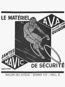 Mavic advertisement from Le Cycle, October 1964: a racing cyclist on a black field between the A.V.A. and Mavic diamonds, A.V.A. bars and Mavic safety rims.
