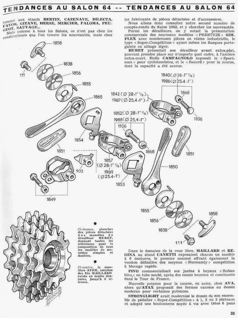 Rebour's Salon 1964 report, page 35: an exploded plate of Huret shift levers with part numbers and an Atom freewheel.