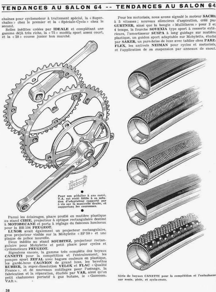 Rebour's Salon 1964 report, page 38: a T.A. chainset and a row of Canetti tubular tires.