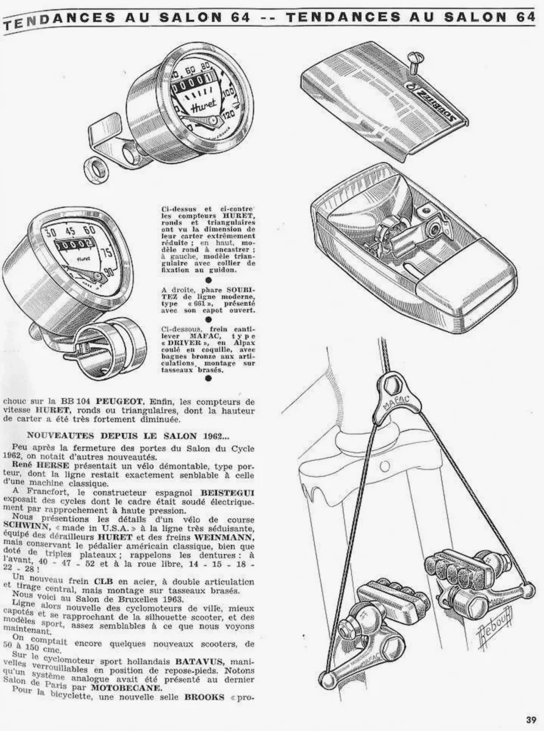 Rebour's Salon 1964 report, page 39: Huret speedometers, a Soubitez headlamp and a Mafac Driver cantilever brake.