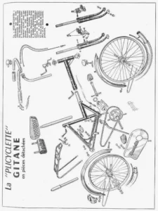Page 23 of Le Cycle, October 1964: Rebour's exploded drawing of the Gitane Plicyclette folding bicycle in all its parts.