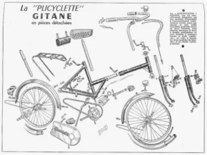 Page 23 of Le Cycle, October 1964: Rebour's exploded drawing of the Gitane Plicyclette folding bicycle in all its parts.