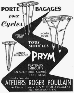 Prym advertisement from Le Cycle, October 1964: three luggage carriers on a black zigzag, and pressed chainrings, Ateliers Roger Poullain of Les Mureaux.
