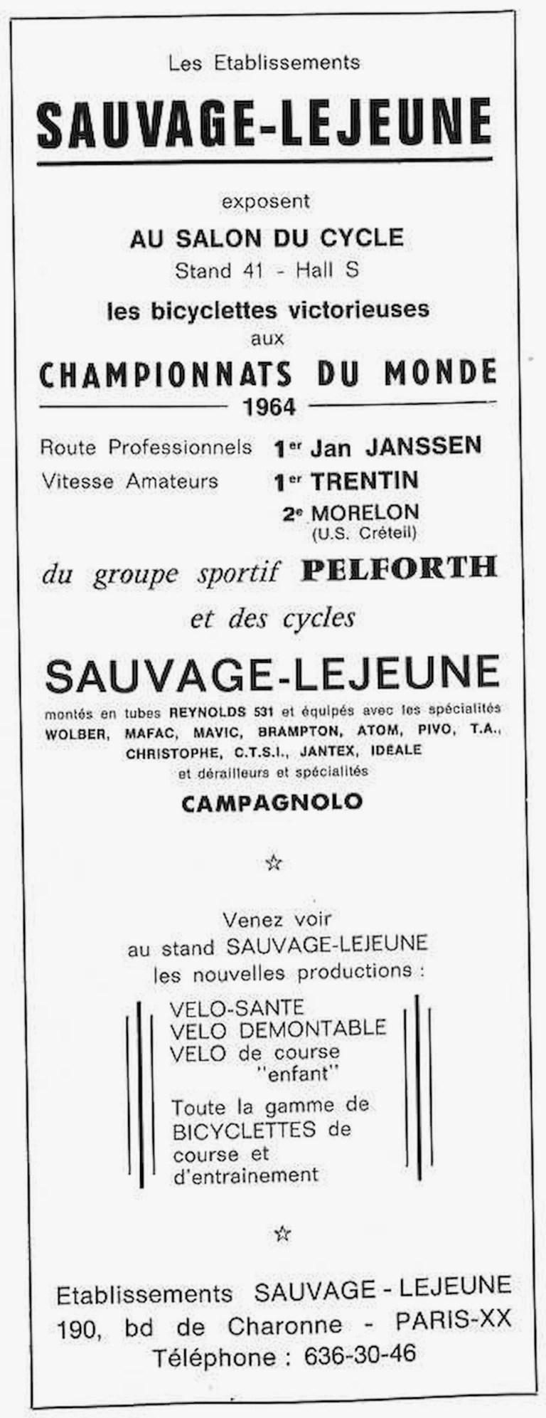 Sauvage-Lejeune 1964 Advertisement — The Bicycles of the 1964 World Champions — page 1 of 1
