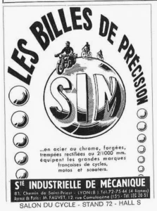 SIM advertisement from Le Cycle, October 1964: "Les billes de précision" arched over a globe lettered SIM, with a line of steel balls.