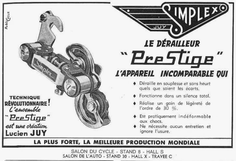 Simplex 1964 Advertisement — The Prestige Derailleur, a Creation of Lucien Juy — page 1 of 1