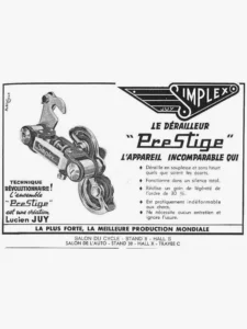 Simplex advertisement from Le Cycle, October 1964: a photograph of the Prestige rear derailleur under the Simplex Juy emblem, "the incomparable device", a creation of Lucien Juy.
