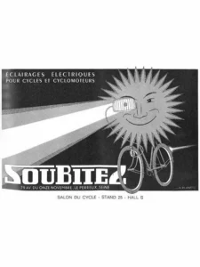 Soubitez advertisement from Le Cycle, October 1964: a smiling sun wearing a headlamp lights a cyclist, Soubitez electric lighting for cycles and mopeds.