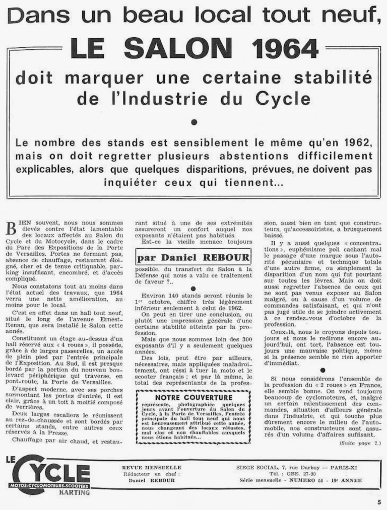 Dans un beau local tout neuf, le Salon 1964 — Le Cycle, October 1964, by Daniel Rebour — page 1 of 1