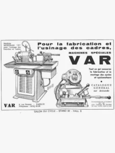 VAR advertisement from Le Cycle, October 1964: Rebour's drawings of the Mondiale 77 machine for forks and frames and a VAR cutting machine.