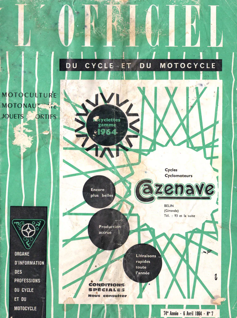 L'Officiel du cycle April 1964 Cover — Cazenave Bicycles and Cyclomoteurs, the 1964 Range — page 1 of 1