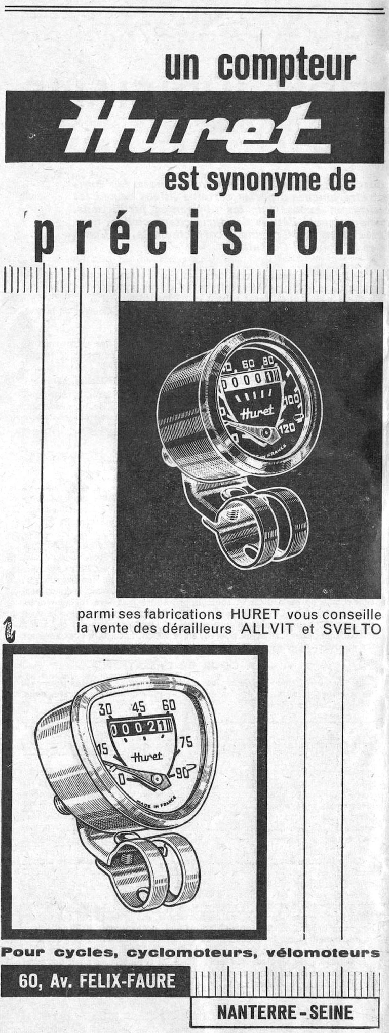 Huret April 1964 Advertisement — A Huret Speedometer Means Precision, with Allvit and Svelto — page 1 of 1