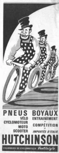 Hutchinson advertisement from L'Officiel du cycle, 6 April 1964, page 6: three bearded cartoon men in tall top hats and white-spotted overalls ride in single file, each astride a lone tire like a unicycle, down a hatched track on which the tires cast long oval shadows, the first gripping a pointed bar in front of him; a pale spotlight curve sweeps across a black ground behind them.