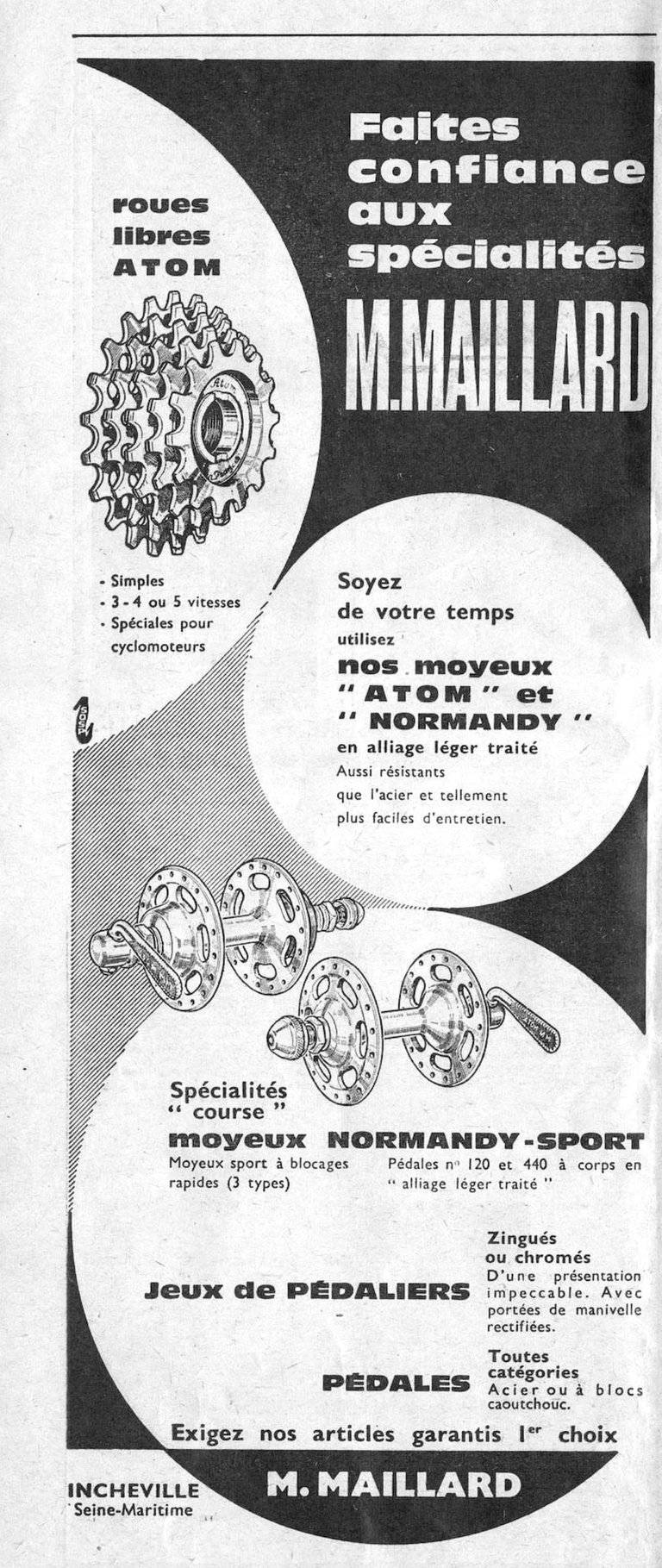 Maillard 1964 Advertisement — Atom Freewheels, Atom and Normandy Hubs, Cranksets and Pedals — page 1 of 1