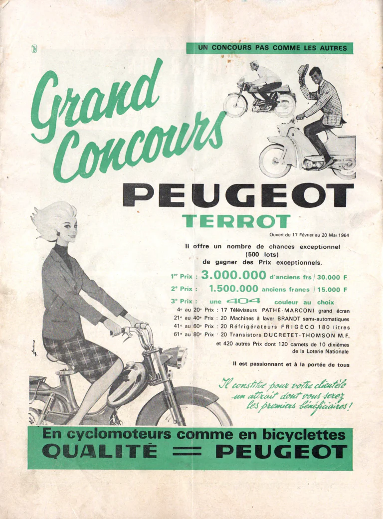 Peugeot 1964 Advertisement — The Peugeot-Terrot Grand Concours, in Cyclomoteurs as in Bicycles — page 1 of 1