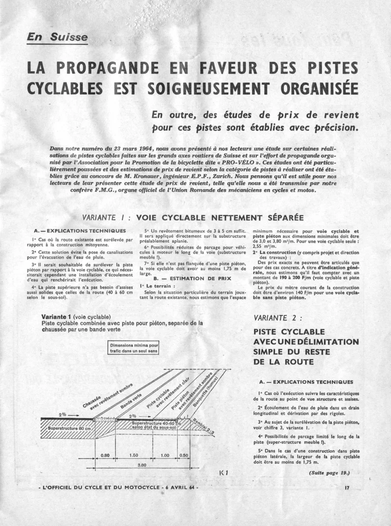 La propagande en faveur des pistes cyclables est soigneusement organisée — L'Officiel du cycle, 6 April 1964, Swiss Cycle Tracks and Their Cost — page 1 of 2
