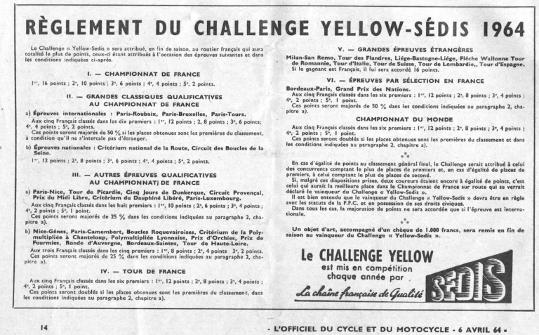 Règlement du Challenge Yellow-Sédis 1964 — L'Officiel du cycle, 6 April 1964 — page 1 of 1