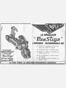 Simplex advertisement from L'Officiel du cycle, 6 April 1964: a photograph of a rear derailleur with its dropout hanger, a parallelogram body lettered Simplex and two toothed pulleys, beside the black winged Simplex Juy emblem, the headline and a list of five claims.