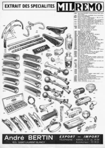André Bertin advertisement from Le Cycle, October 1966: a full page of Milremo accessories drawn by Rebour, from mudguards, bars and saddles to pumps, horns and bottles, keyed to a numbered list.