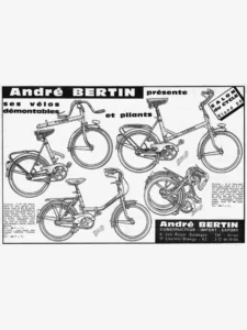 André Bertin advertisement from Le Cycle, October 1966: Rebour's drawings of four Bertin take-apart and folding bicycles, one shown in two halves and one folded.