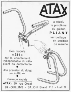 Atax advertisement from Le Cycle, October 1966: the Atax 311 folding handlebar drawn upright and folded down, a hand on its quick-release lever.