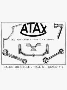 Atax advertisement from Le Cycle, October 1966: Atax handlebars, a stem, a wing nut and two wrenches around the Atax name.