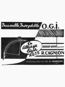 Cagnion advertisement from Le Cycle, October 1966: a light-alloy mudguard drawn in white on black under the band "Incassable, Inoxydable" and the initials O.G.I., R. Cagnion of Nemours.