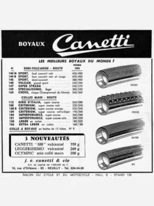 Canetti advertisement from Le Cycle, October 1966: a table of Canetti tubular tires with their weights, beside four drawn tires showing their treads.