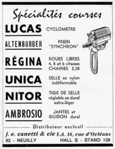 Canetti advertisement from Le Cycle, October 1966: a list of the racing brands Canetti distributes, from Lucas cyclometers to Ambrosio rims, with a drawn cyclometer.