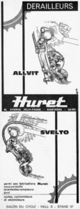 Huret advertisement from Le Cycle, October 1966: the Allvit and Svelto rear derailleurs drawn on their freewheels, either side of the Huret name on a black band.