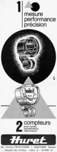 Huret advertisement from Le Cycle, October 1966: two Huret speedometers on their handlebar clamps, a round one in a black circle and a shield-shaped one in a gray triangle.