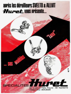 Huret advertisement from Le Cycle, October 1966: the Huret Luxe front derailleur, double lever and rear derailleur in white circles on a black arrow over red riders.